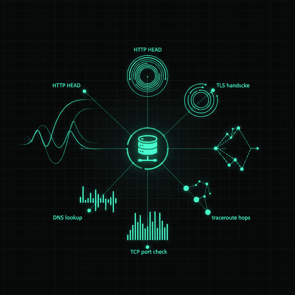 Green database icon at the center of a hub with six labeled spokes: HTTP HEAD, TLS handshake, traceroute hops, TCP port check, DNS lookup, and a waveform