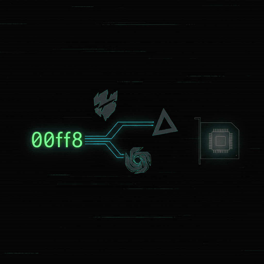 Green text 00ff8 beside blue circuit traces forking to a triangle and spiral glyphs, leading to a chip icon on the right