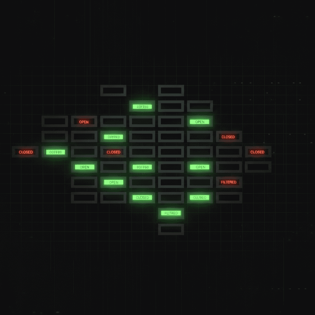 Grid of small rectangular boxes glowing green and red on a dark gridded backdrop, forming a scattered port map