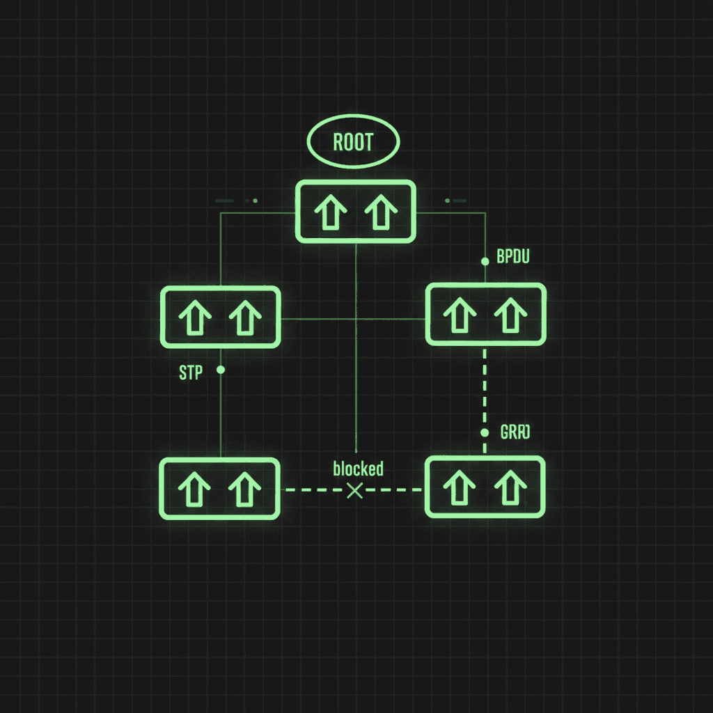 Green tree diagram with a ROOT oval atop switch boxes of up arrows, links labeled STP, BPDU and DRO, and one dashed path marked blocked with an X