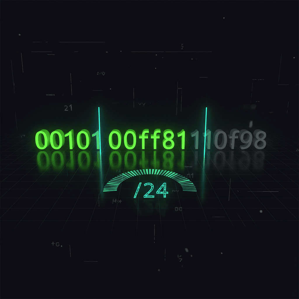 Glowing green binary digits 00101 00ff81 110f98 above a semicircular gauge reading /24 on a dark grid