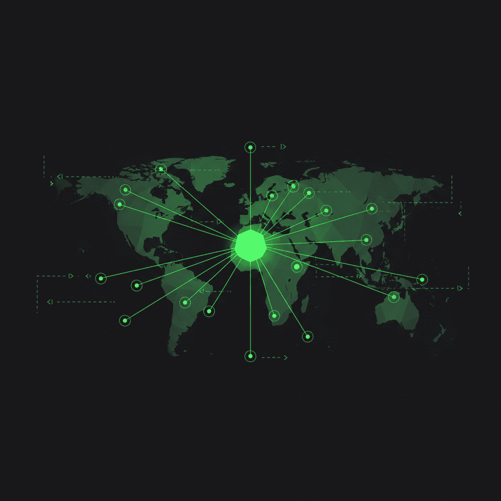 Faint green world map with a bright glowing node at the center sending lines out to smaller dots across the continents