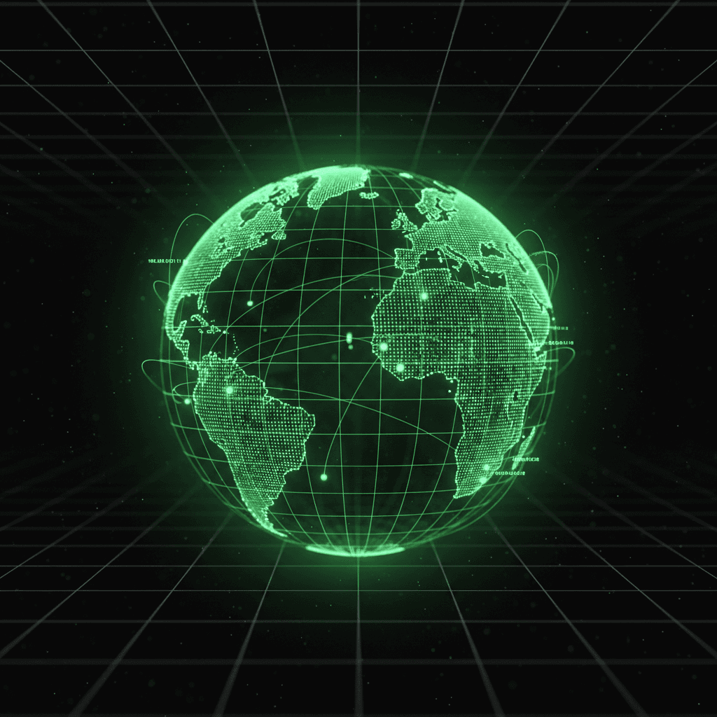 Glowing green wireframe globe of the continents with bright node points, sitting on a perspective grid against black