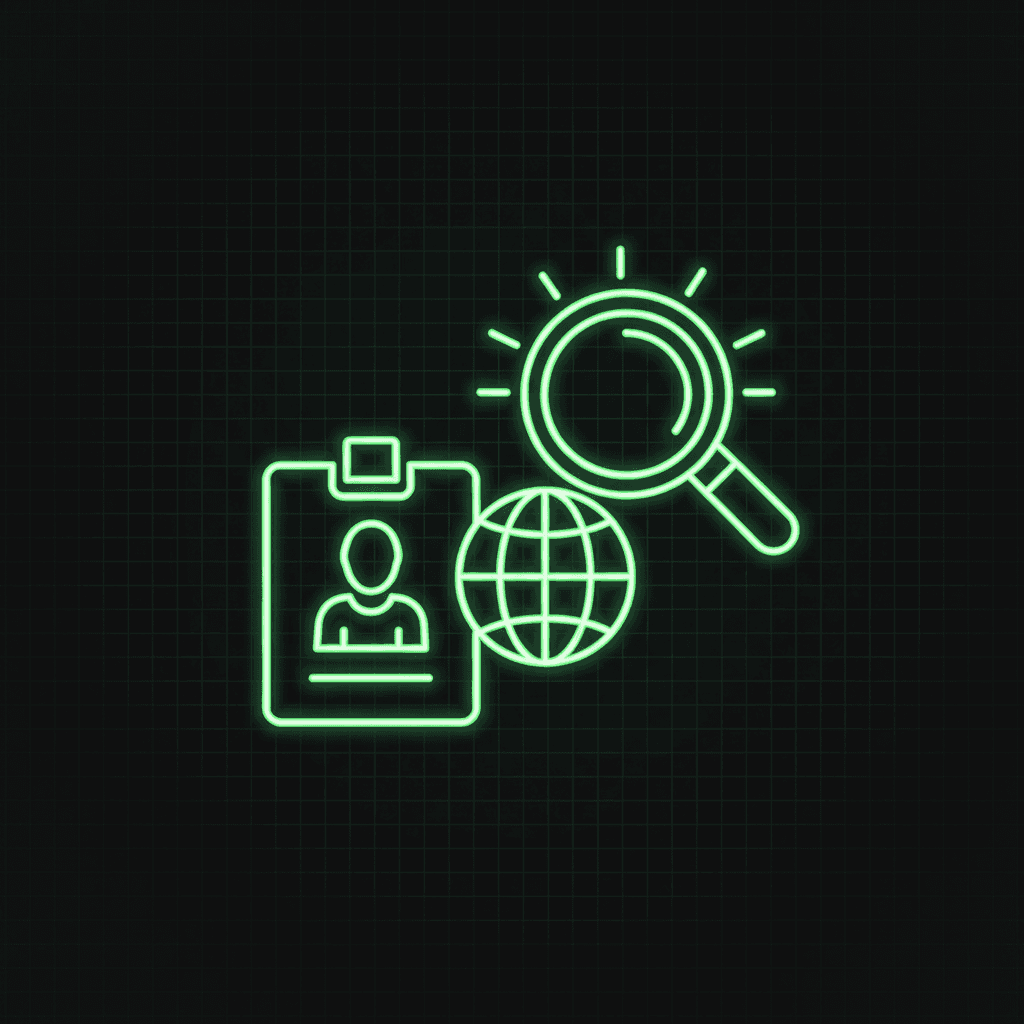 Green line-art ID badge showing a person and a globe, with a magnifying glass above on a dark grid