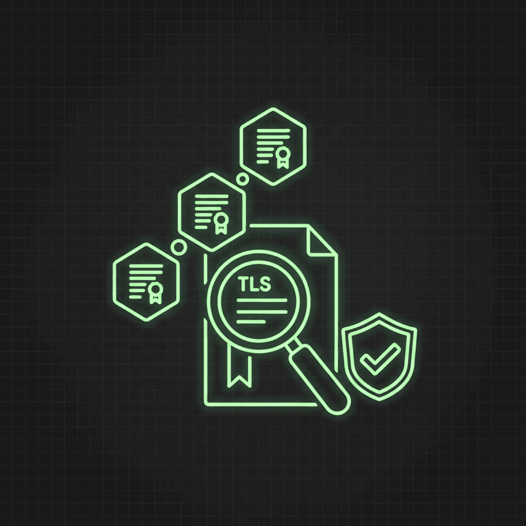 Green line-art document labeled TLS under a magnifier, linked to hexagonal certificate badges with a checkmark shield, on a dark grid