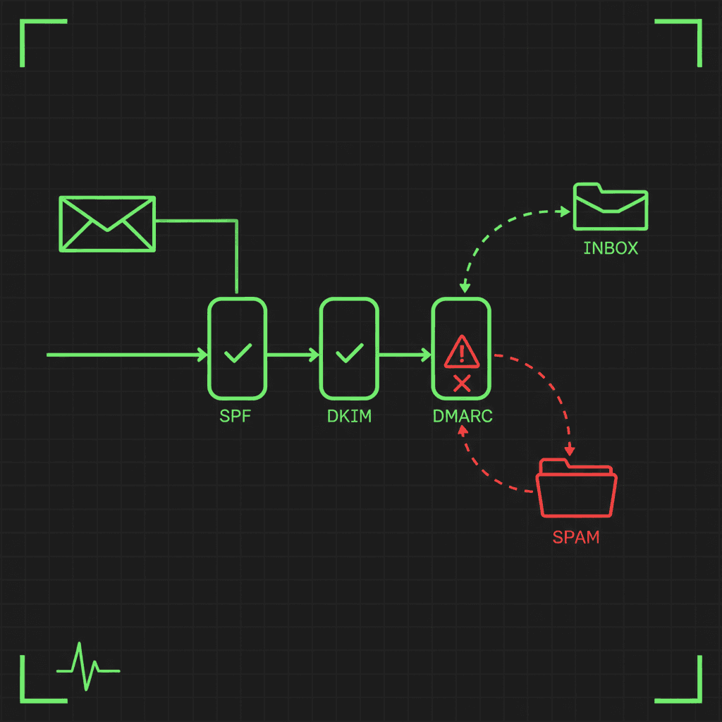 Green line-art diagram on a dark grid, an envelope passing SPF and DKIM checkmarks then flagged red at DMARC, a red dashed line diverting it to a SPAM folder instead of the INBOX