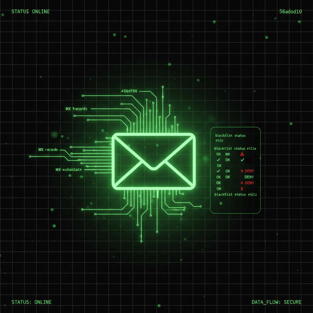Green glowing envelope icon wired into a circuit-board pattern, with side labels and STATUS ONLINE and DATA_FLOW SECURE text