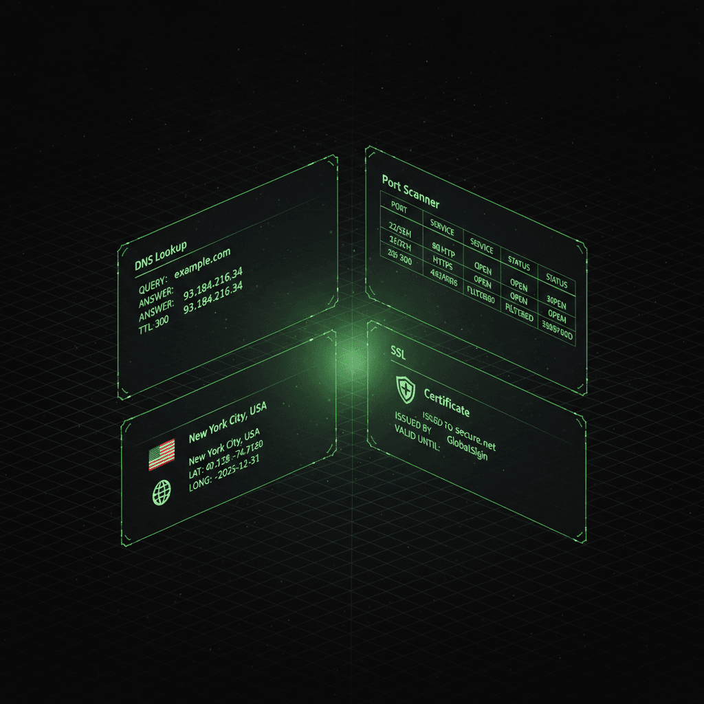 Four green translucent floating cards in isometric view showing DNS lookup, geo, certificate, and IP panels with a US flag