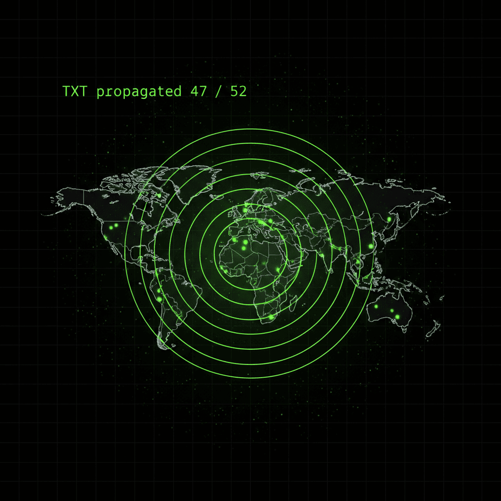 Green radar rings rippling out across a world map of glowing dots, labelled TXT propagated 47 / 52