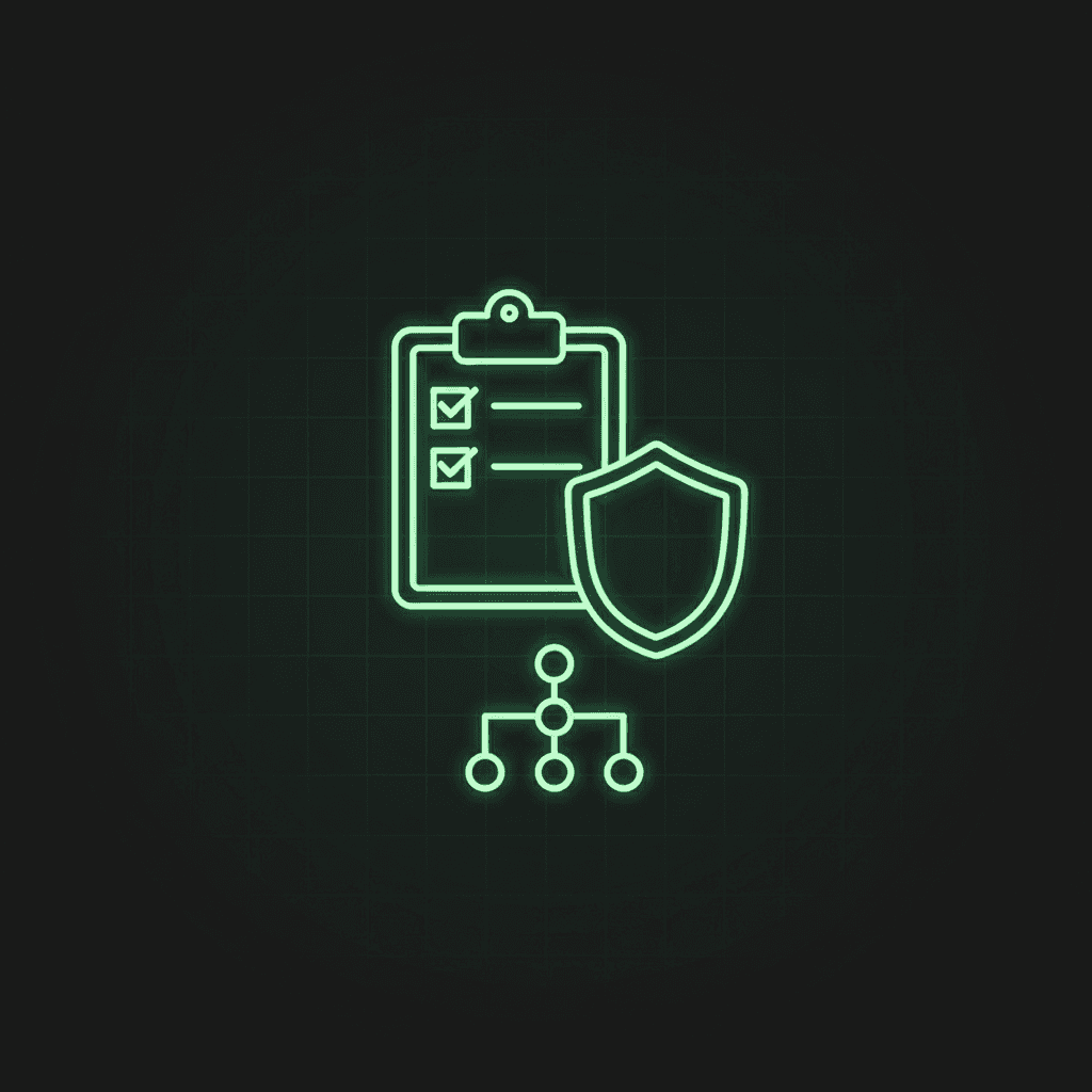 Green line-art clipboard with ticked checklist boxes beside a shield and a small node tree, on a dark grid