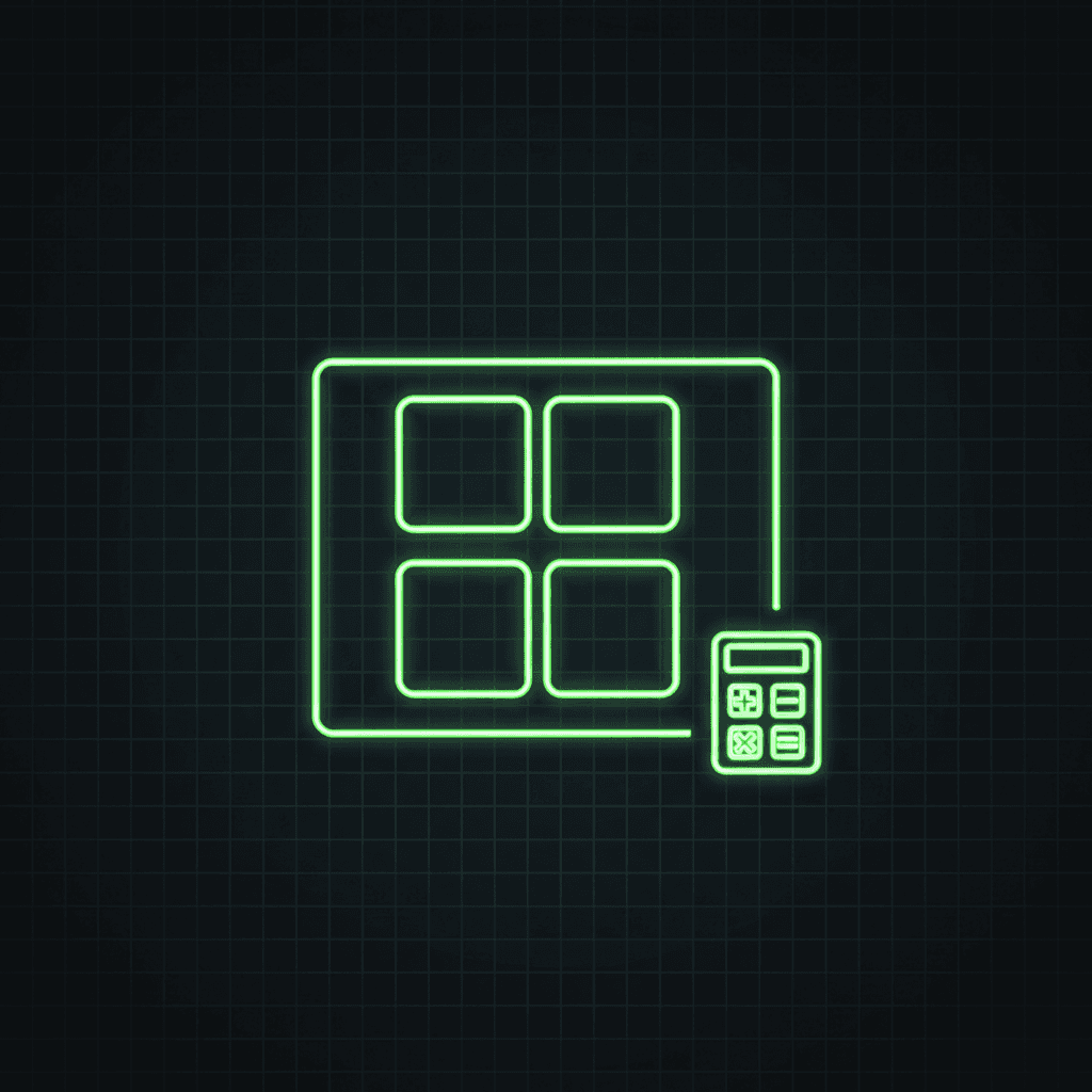 Green line-art grid of four square cells next to a small calculator, on a dark grid