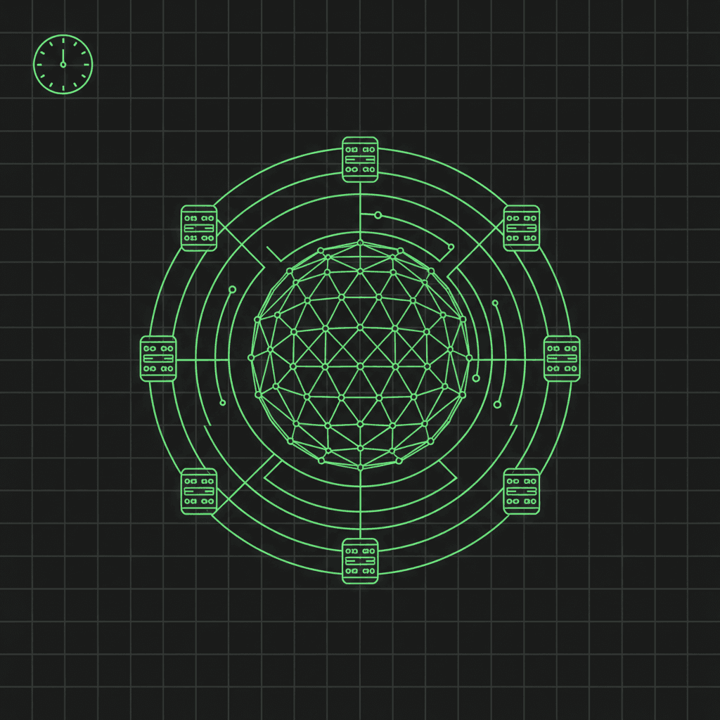 Green wireframe globe ringed by concentric circles and node markers, with a small clock in the corner, on a dark grid
