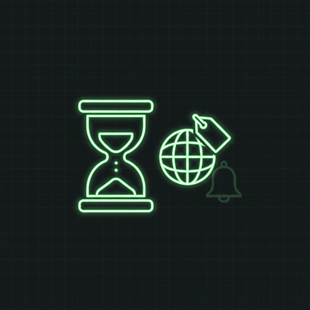Green line-art hourglass beside a globe with a tag and a small bell, on a dark grid