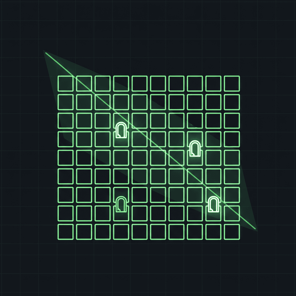 Green grid of square cells with a few small padlock icons scattered across it, crossed by diagonal lines, on a dark grid