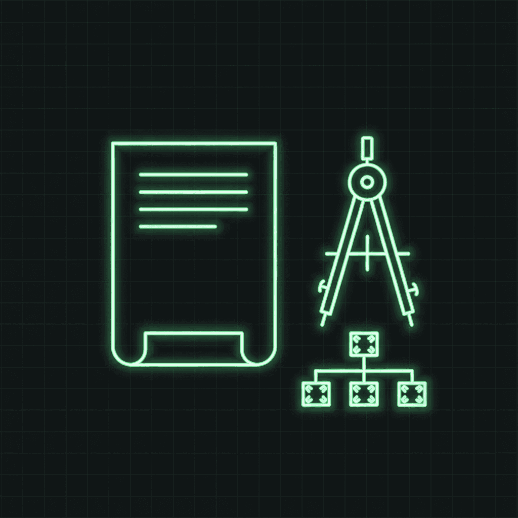 Green line-art document with text lines, a drawing compass, and a small node tree below, on a dark grid