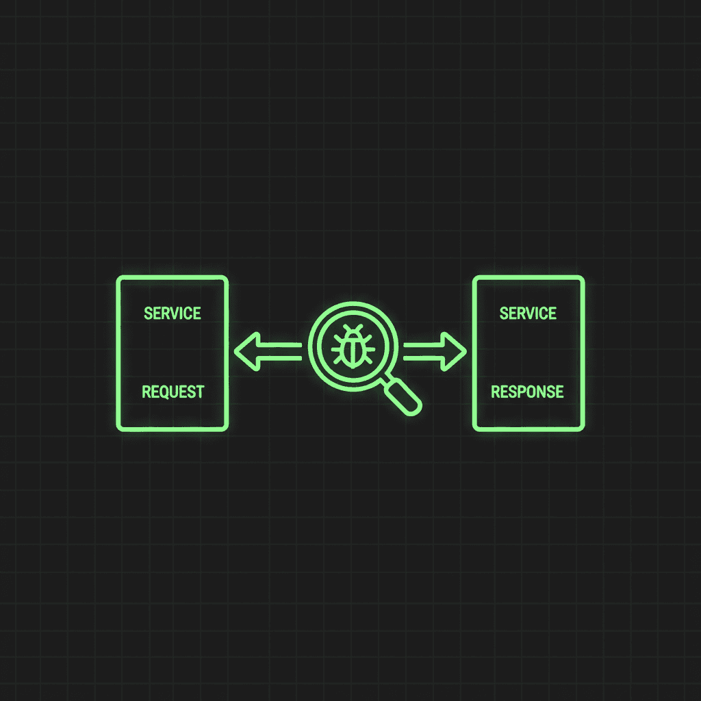 Green line-art panels labelled SERVICE REQUEST and SERVICE RESPONSE with arrows pointing to a magnifier over a bug between them, on a dark grid