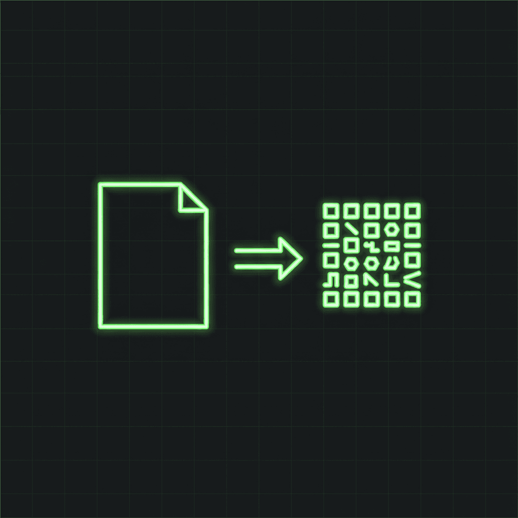 Green line-art document with a folded corner and an arrow pointing to a block of scrambled characters, on a dark grid