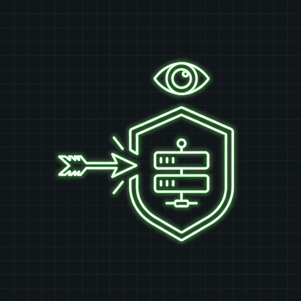 Green line-art arrow striking a shield that holds a server stack, with an eye above, on a dark grid