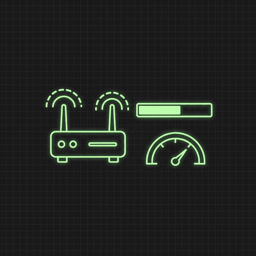 Green line-art Wi-Fi router with signal arcs, a loading bar, and a speed gauge, on a dark grid