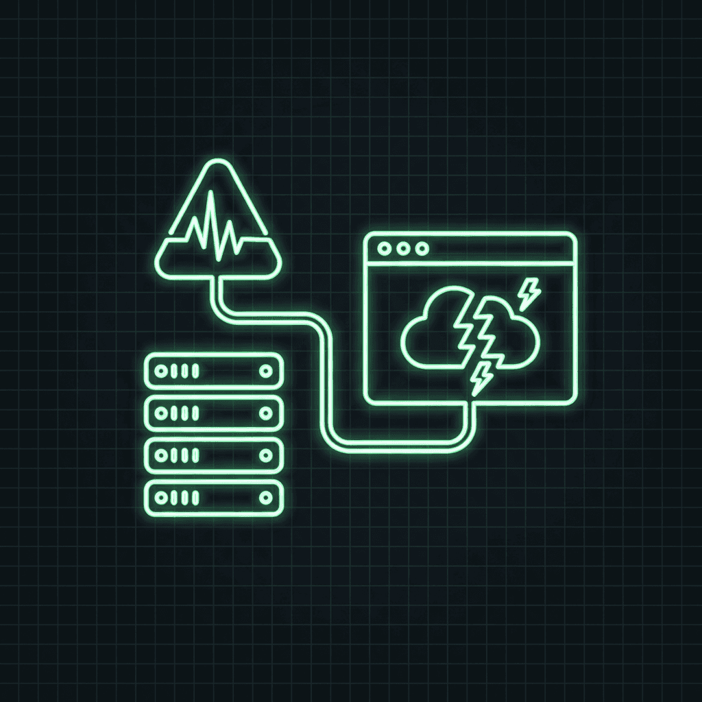 Green line-art server stack and heartbeat line cabled to a browser window showing a storm cloud with a lightning bolt, on a dark grid