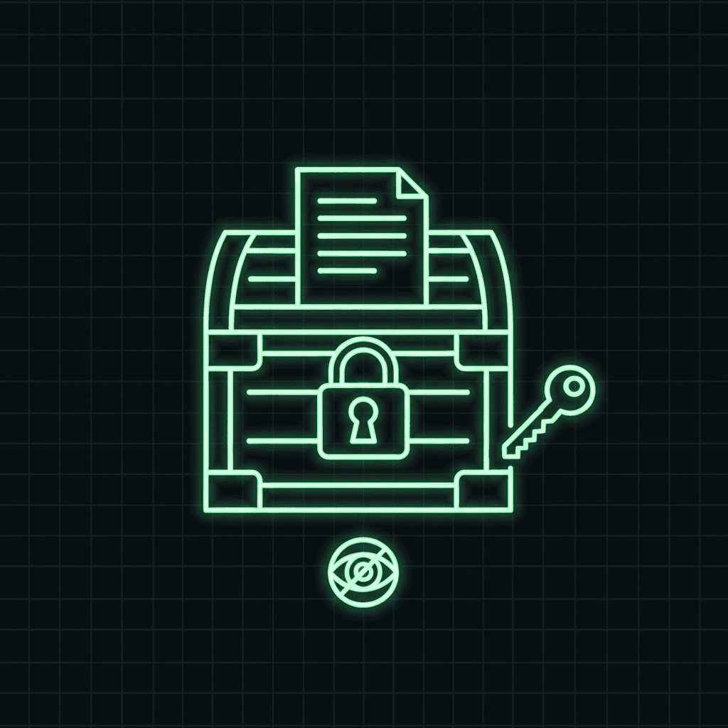 Green line-art treasure chest with a padlock and a document emerging, a key beside it and a small eye below, on a dark grid