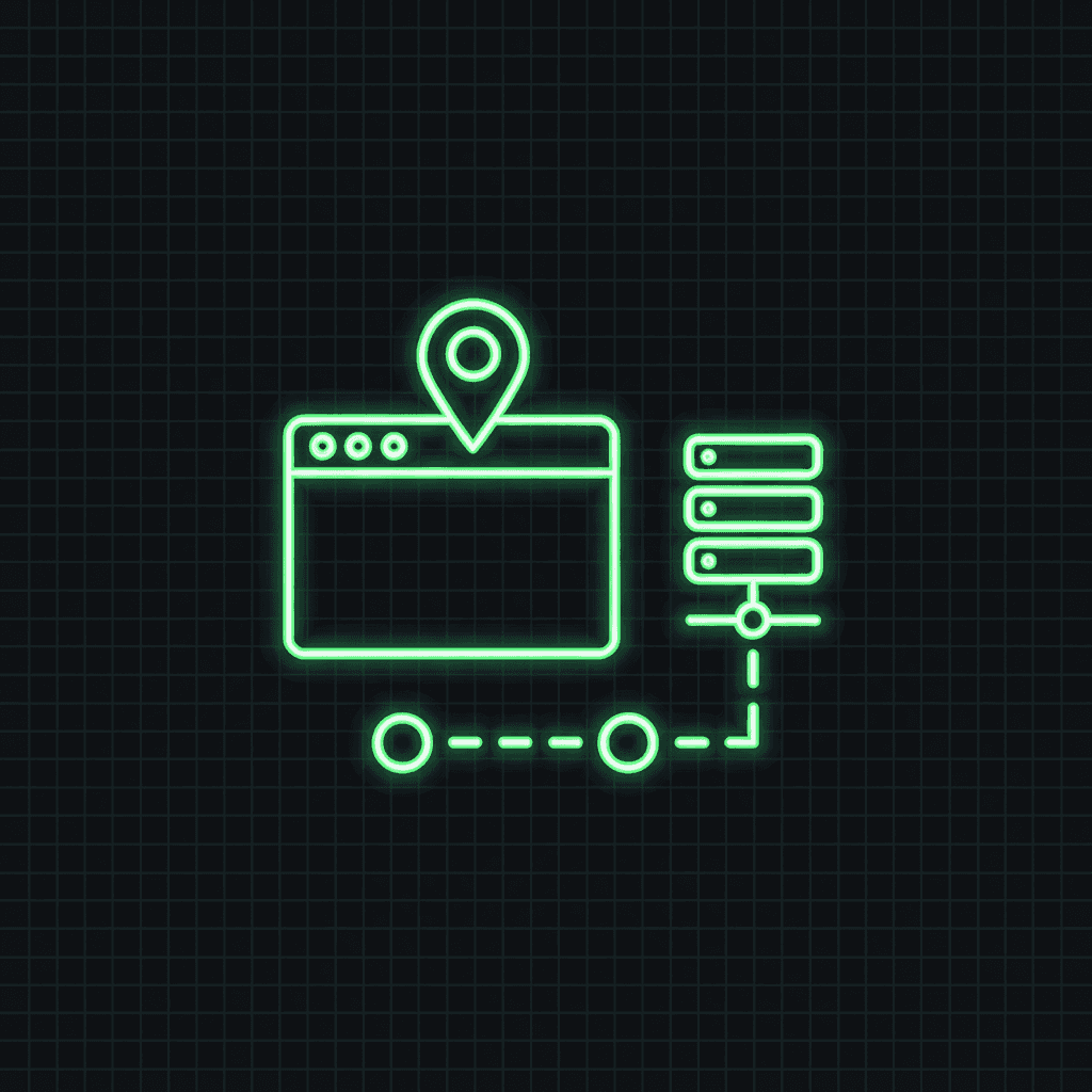 Green line-art browser window with a location pin connected by a dashed path to a server stack, on a dark grid
