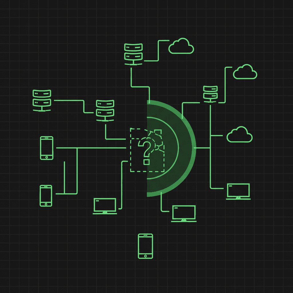 Green line-art network hub with a central question mark connecting servers, clouds, phones, and laptops on a dark grid
