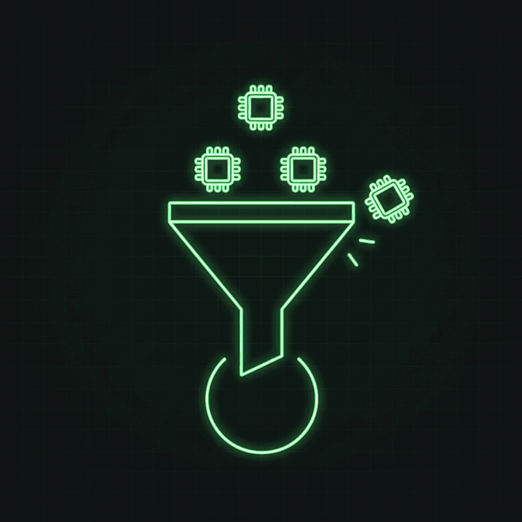 Glowing green funnel filtering four microchip icons, one chip blocked and bouncing off to the side