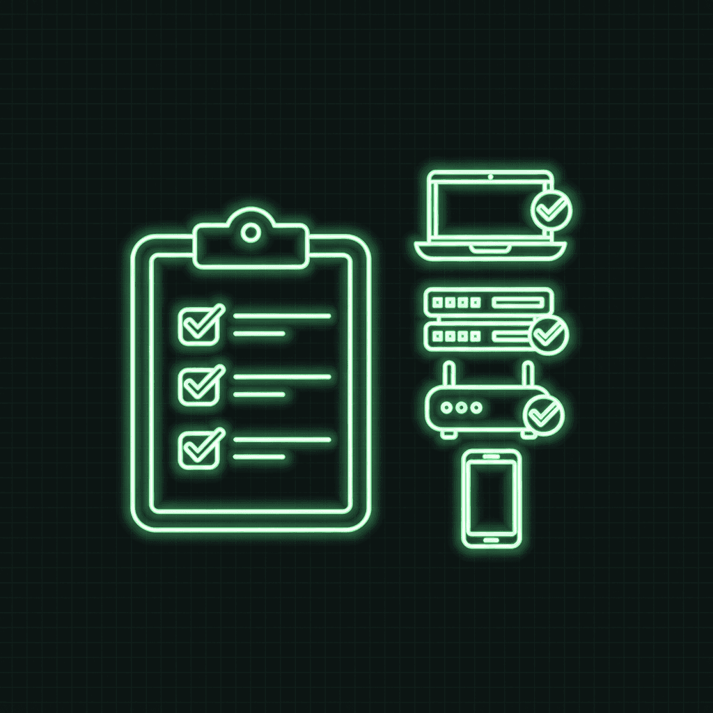 Green clipboard with three checkmarks beside a checkmarked laptop, server, router, and phone on a dark grid