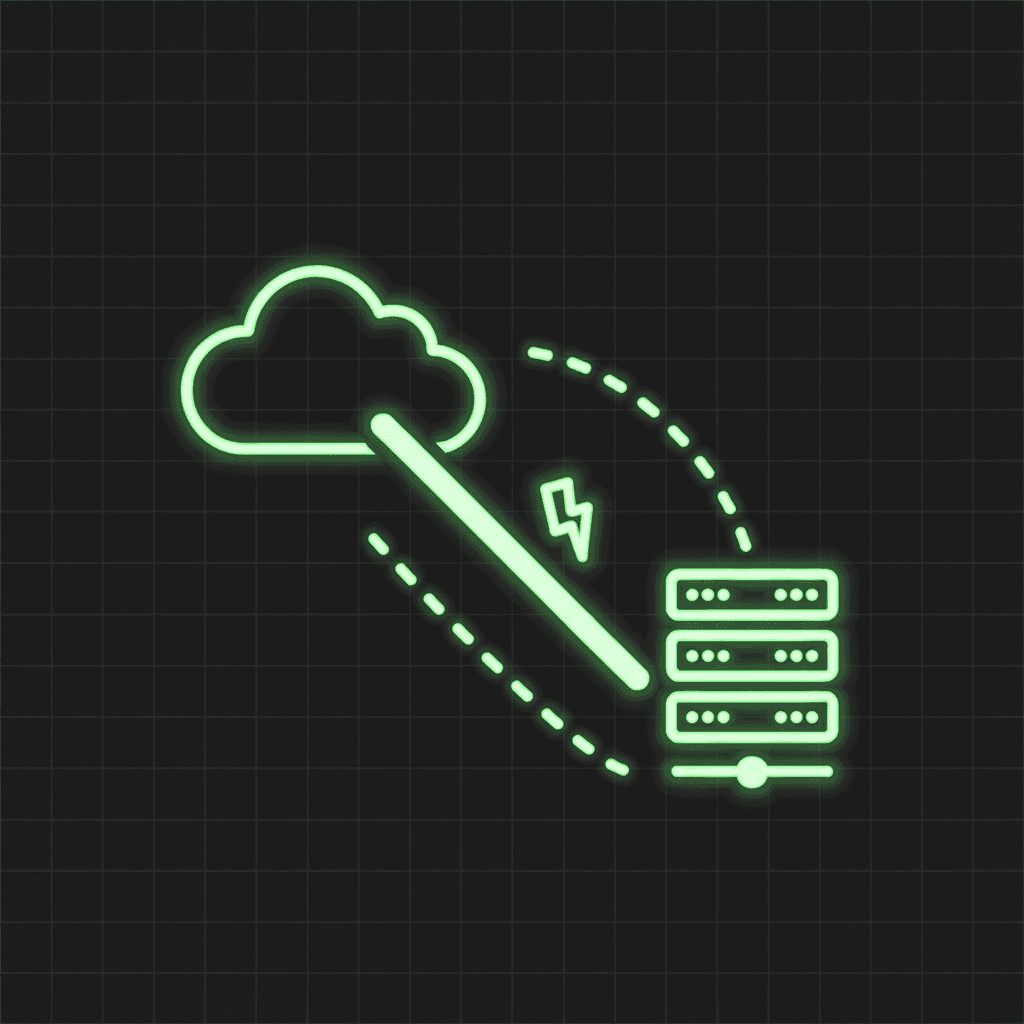 Green line-art cloud and stacked server linked by a lightning bolt and dashed arrows on a dark grid