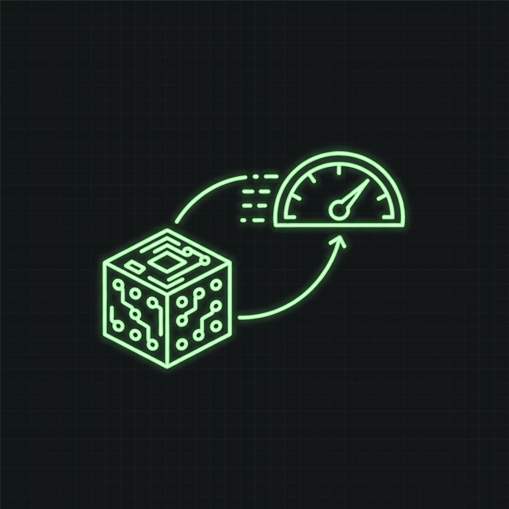Green circuit cube and a speedometer gauge joined by curved arrows on a dark grid