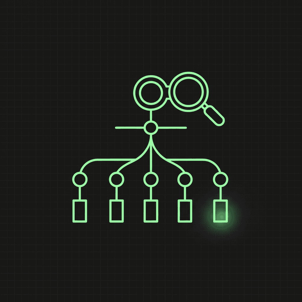 Green branching tree of five nodes under a magnifying glass, one bottom node highlighted, on a dark grid