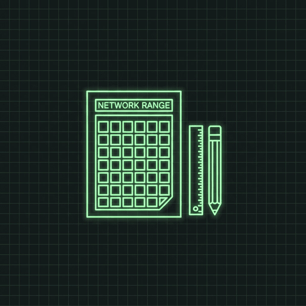 Green grid sheet labeled NETWORK RANGE beside a ruler and pencil on a dark grid