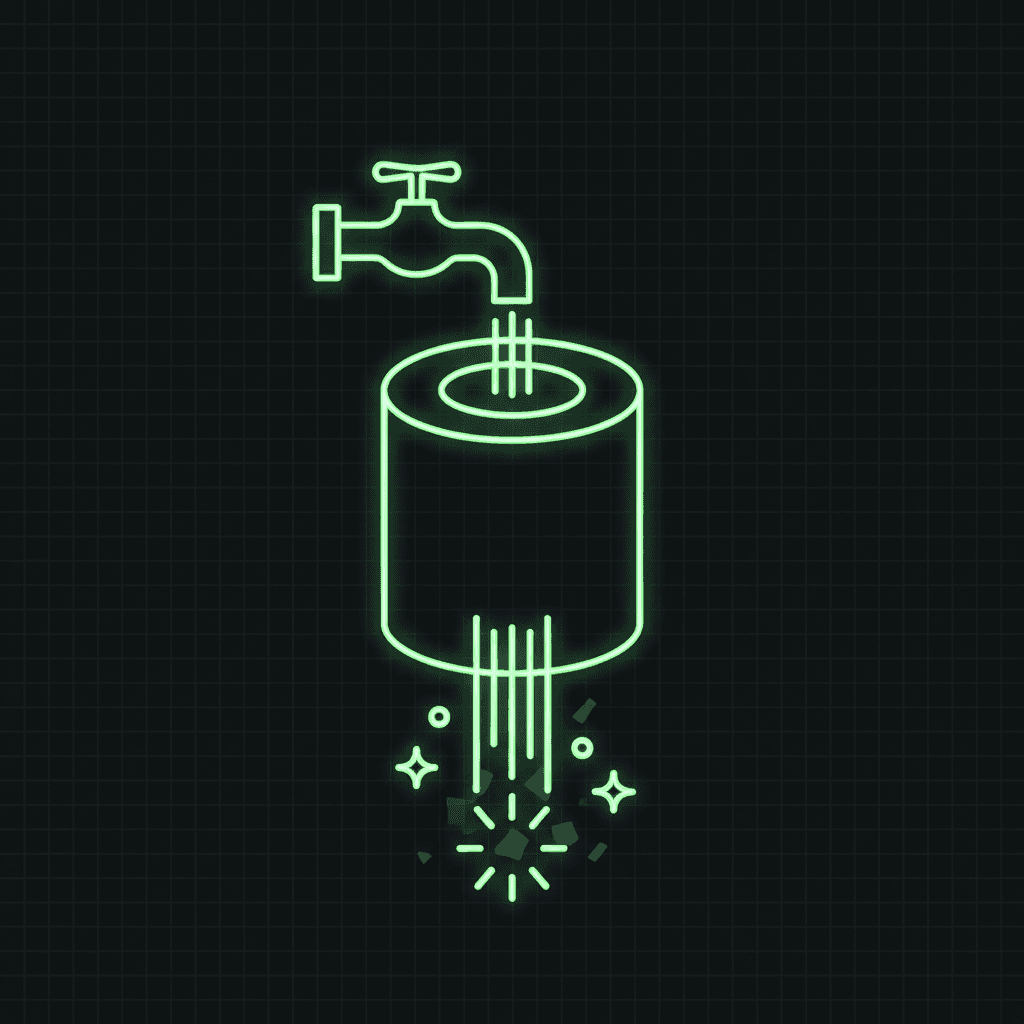 Green line-art faucet pouring water through a cylindrical cache being flushed clean, with sparkles below on a dark grid