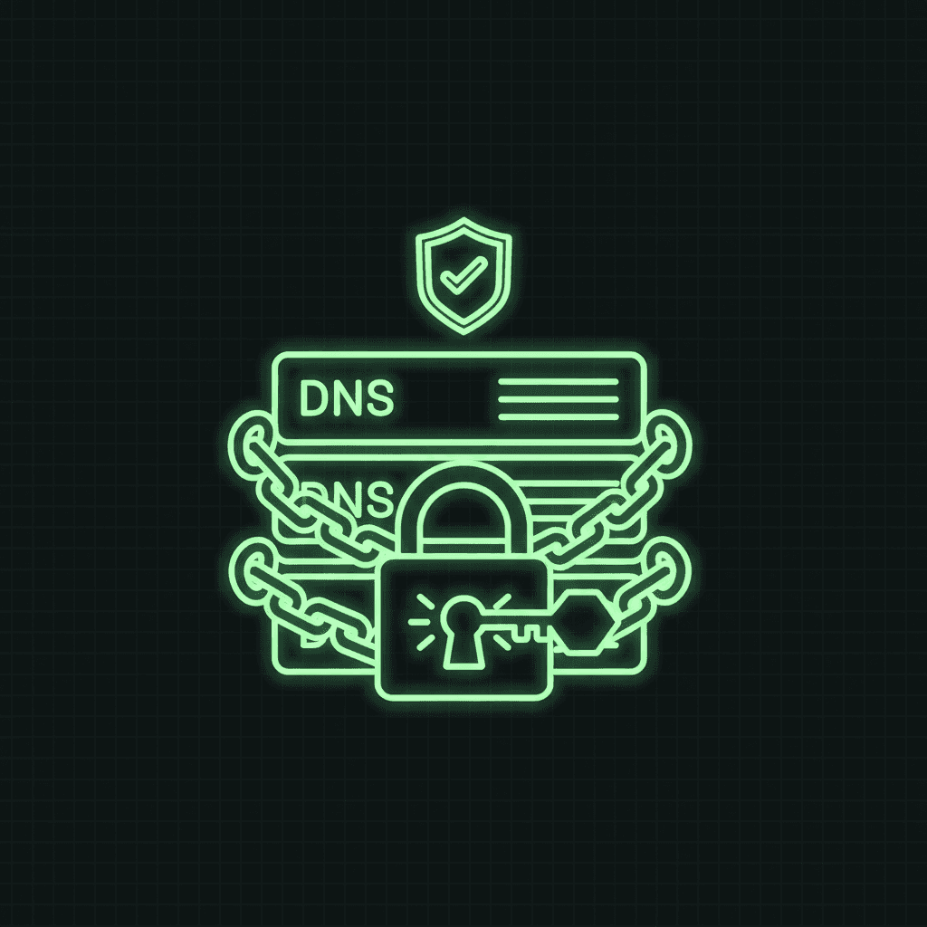 Green padlock with a key over chained DNS record panels, topped by a checkmark shield, on a dark grid