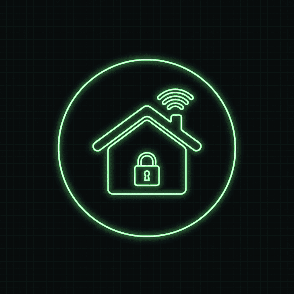 Green line-art house with a padlock and a Wi-Fi signal, inside a circle on a dark grid