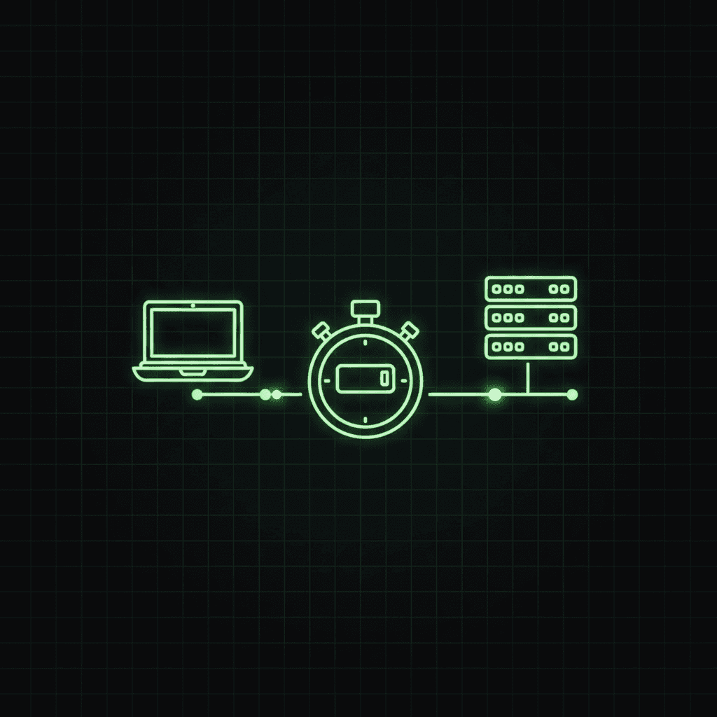 Green line-art laptop and server linked by a line through a central stopwatch on a dark grid