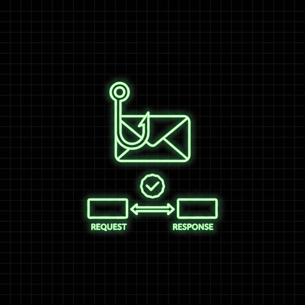 Green line-art envelope on a fishing hook above two boxes labeled REQUEST and RESPONSE joined by a checkmark, on a dark grid