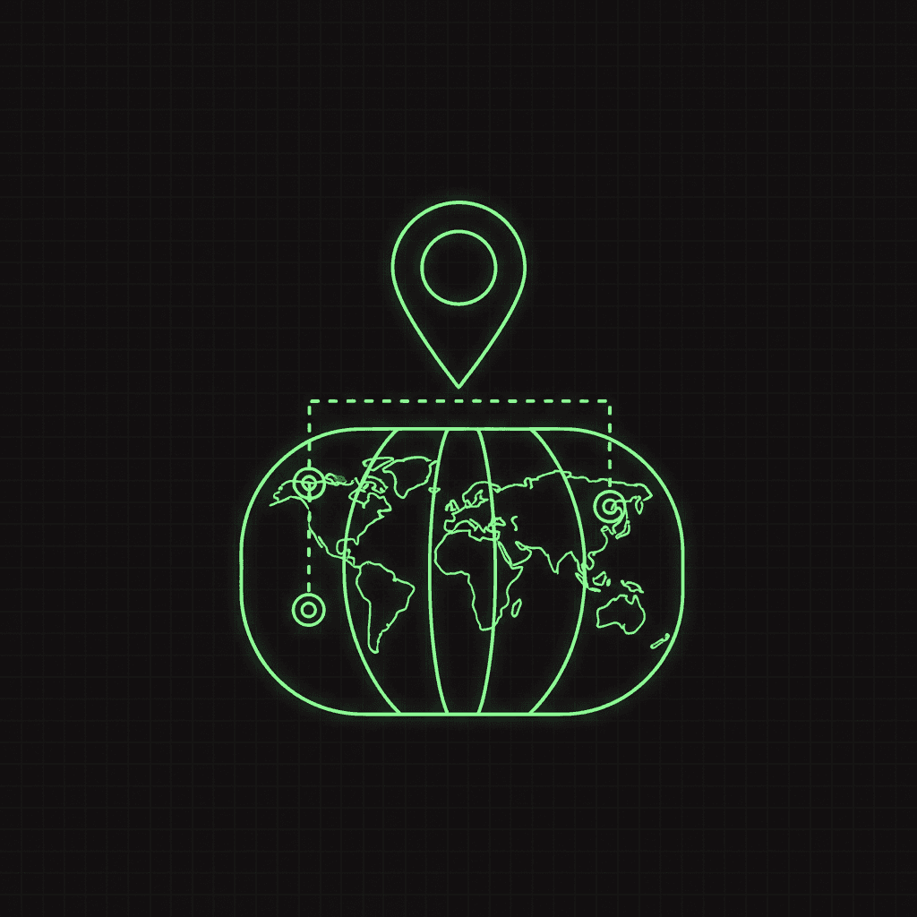 Green line-art world map globe with a map pin dropped above it on a dark grid