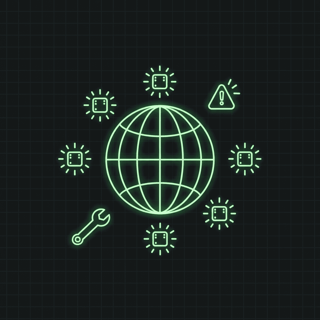 Green line-art globe ringed by server nodes, with a wrench and a warning triangle on a dark grid