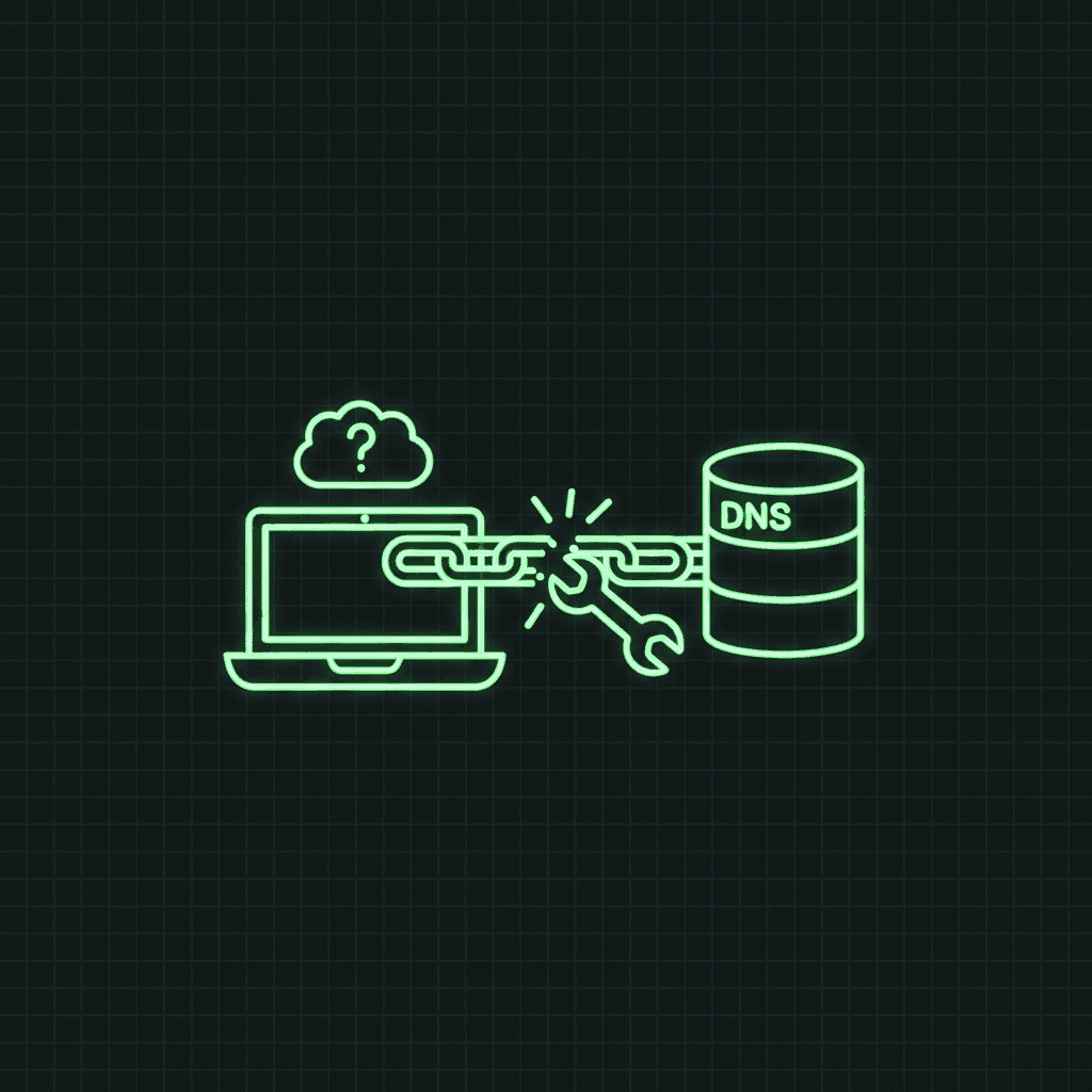 Green line-art laptop with a question-mark cloud and a database labeled DNS, joined by a breaking chain and a wrench, on a dark grid