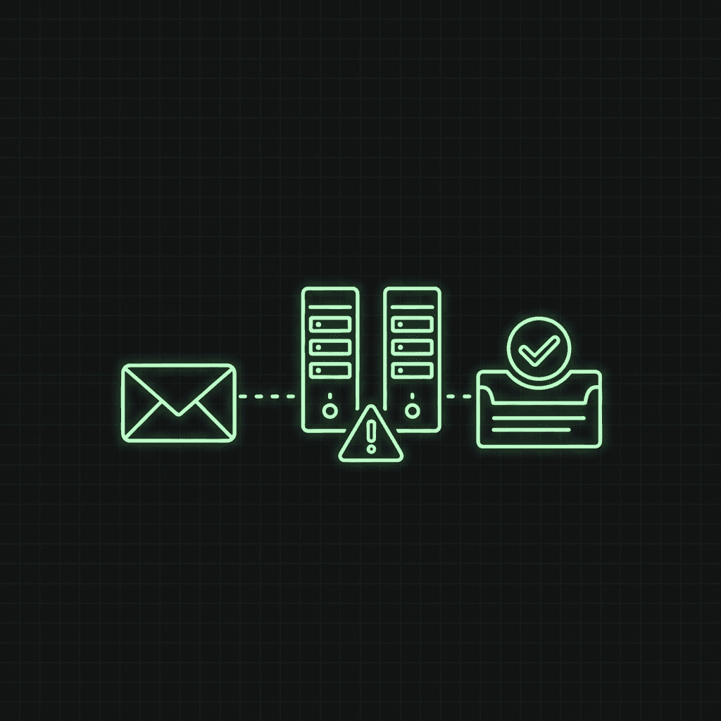 Green line-art envelope, two servers with a warning triangle, and an inbox tray with a checkmark, joined by dotted lines on a dark grid