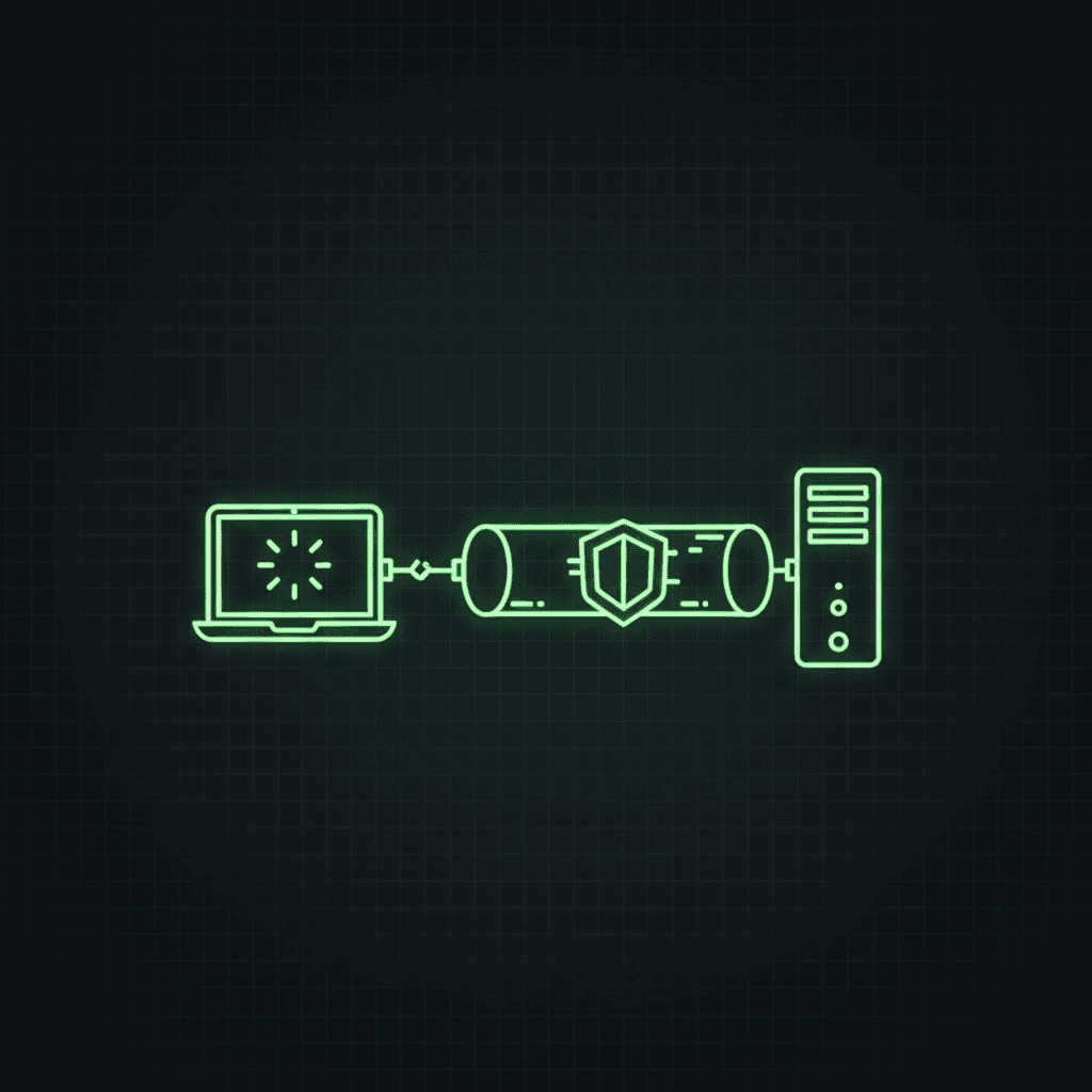 Green line-art laptop and computer tower linked by a tunnel with a shield in the middle, on a dark grid