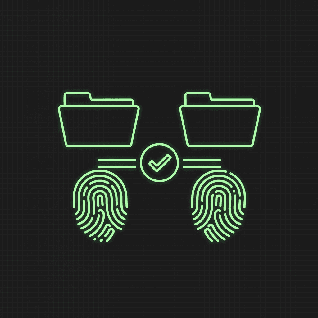 Green line-art pair of folders linked by a checkmark, each above a fingerprint, on a dark grid