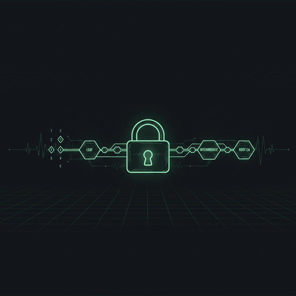 Green line-art padlock centered on a chain of hexagons with waveform lines, on a dark grid floor